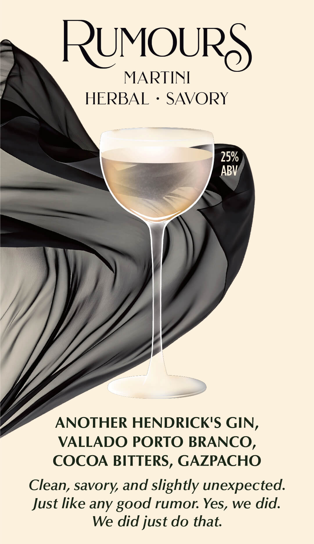 Rumours — martini, herbal and savory, 25% ABV. Another Hendrick's gin, Vallado porto branco, cocoa bitters, gazpacho.