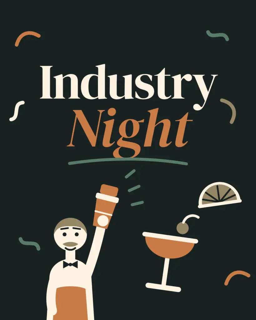 Industry Night at Zoko — illustration of a bartender shaking a cocktail, with a coupe glass and citrus wheel.